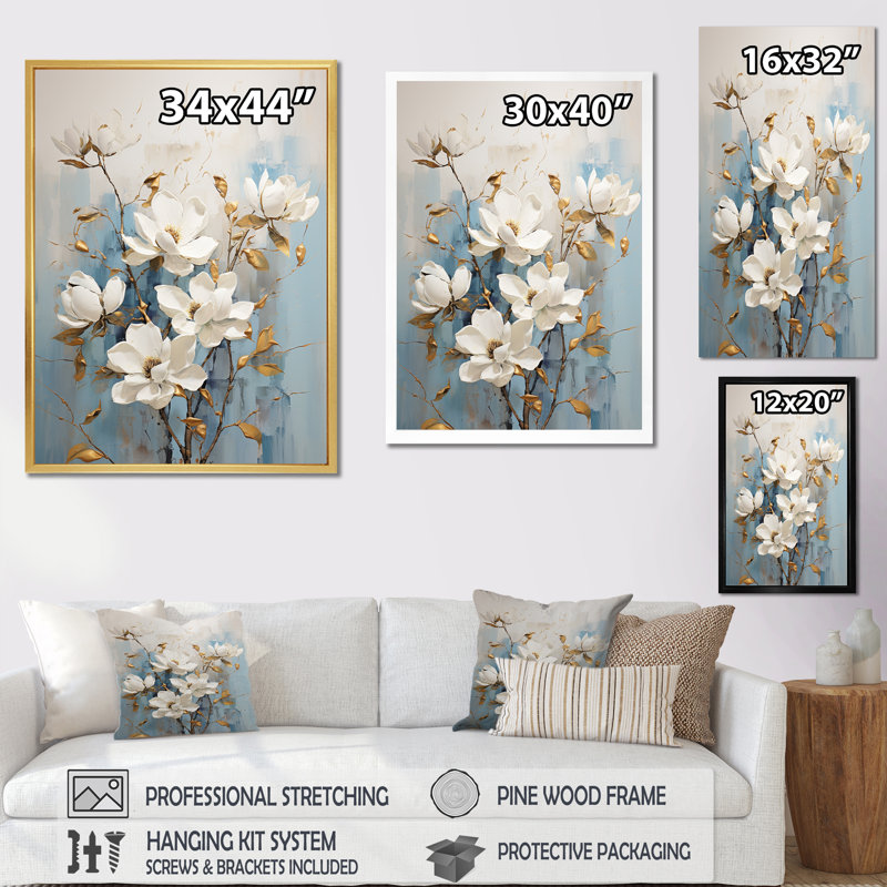 «Magnolias Blossom» blanc et bleu sur toile, Cadre simple noir, H 32 po x l 16 po x P 1 po