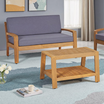 Ensemble de conversation d'extérieur 2 pièces en bois d'acacia et teck | Causeuse et table basse avec coussins gris résistants à l'eau | Mobilier de patio d'une capacité de 350 lb pour terrasse, jardin et jardin