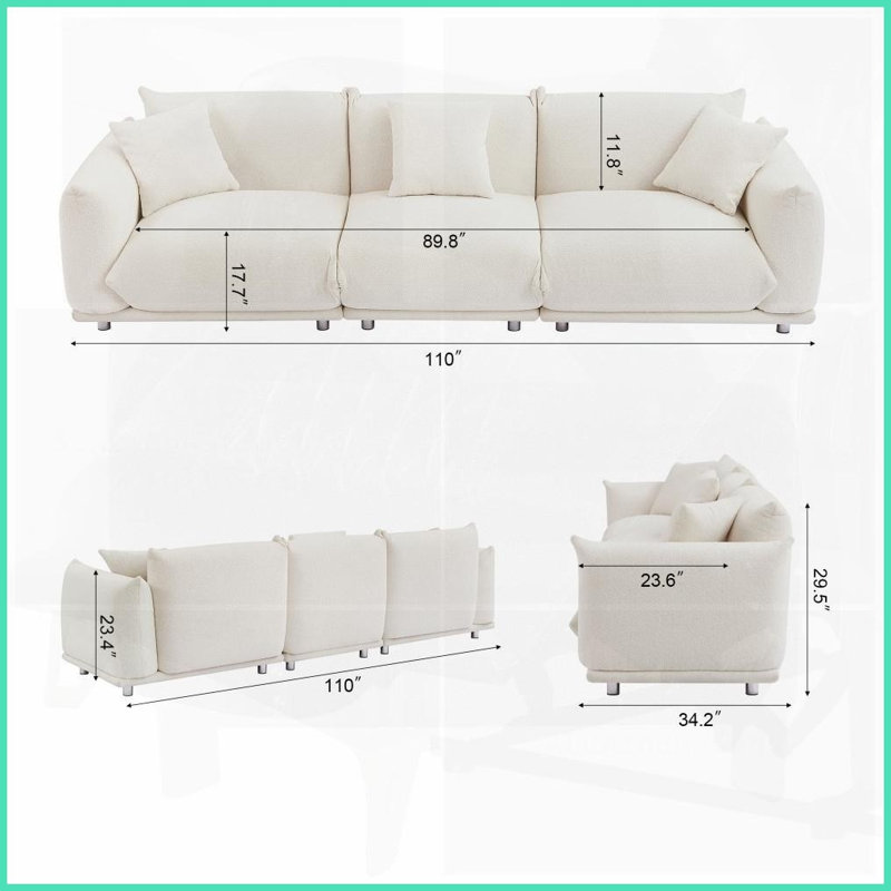 Canapé moderne en sherpa à 4 places avec structure en bois massif et pieds en métal 3 coussins - Conception linéaire modulaire pour la chambre à coucher du salon