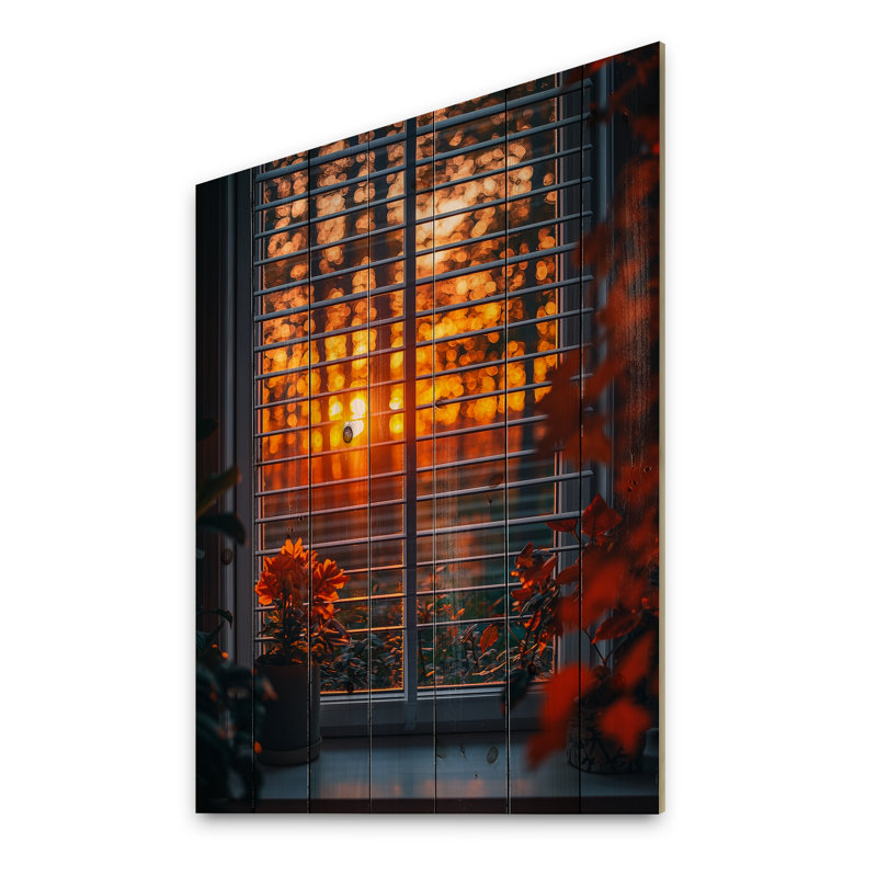 Fenêtre dans la forêt au coucher du soleil - Art mural en bois floral sur bois de pin naturel, H 44 po x l 34 po x P 0,78 po