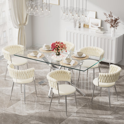 Clear Rectangle Pedestal Dining Set with Weaven Velvet Dininig Chair
