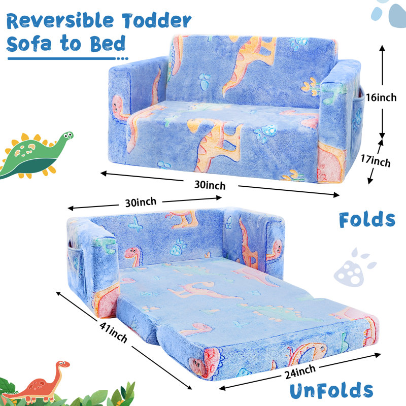 Amilee Kids Couch Sofa, Folding Toddler Couch, Blue Dinosaur, 16" H x 30" W x 17" D