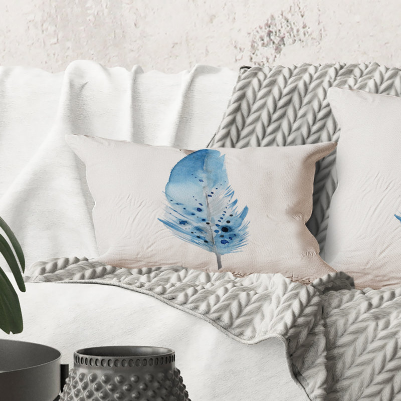 Rectangle, plumes de bohème bleues - coussin décoratif imprimé bohémien et éclectique