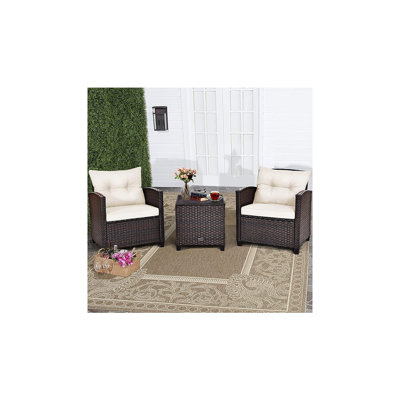 Ensemble bistro en osier pour patio - 2 fauteuils rembourrés avec table en verre, blanc