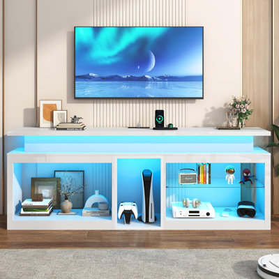 71" LED TV Stand with Power Outlet,60-Colors LED Lights For 65 70 80 in TV,High Gloss Gaming Entertainment Center w/Adjustable Shelves,TV Console with Modern Design for Living Room Bedroom