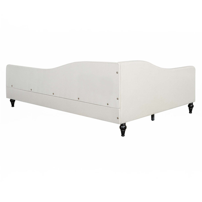 L-Shaped Linen Daybed, With Solid Wood Legs, Beige, Full/Double