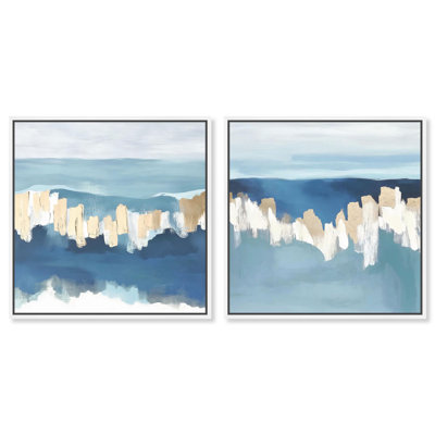 Coastal Serenity Duet Canvas Print Blue And Sage Wall Decor Set by Art Remedy, White Frame, 12 x 12