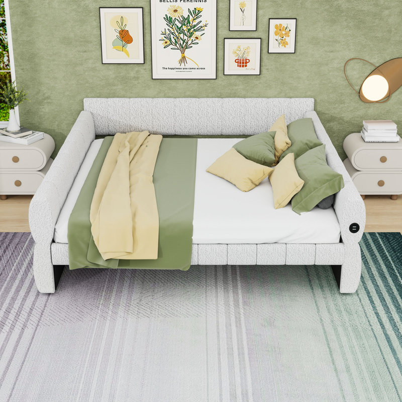 King Size Upholstered Daybed with Built-in USB Ports and Sturdy Wood Frame, White