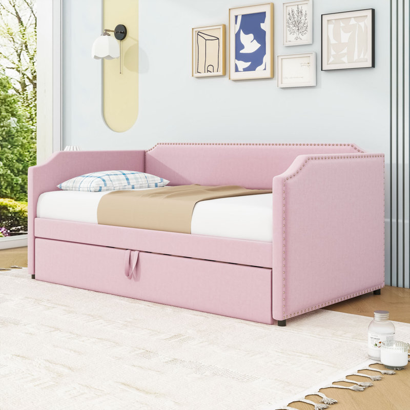 Twin-Size Upholstered Daybed with Pop-Up Twin Trundle, Pink