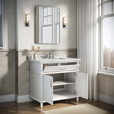 36 po Eviora Meuble-lavabo autoportant à simple cuve blanche avec plateau en marbre de culture blanc assemblé