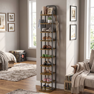 10-tier vertical shoe rack with adjustable height and 2 hooks, narrow shoe organizer for entryway hallway bedroom