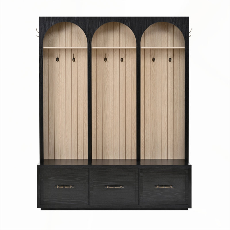 Farmhouse Wooden Style Hall Tree with Arched Design, Elegant 59" Wide Entryway Bench with 8 Retro Hooks, Rustic Coat Rack & Shoe Organizer with 3 Drawers for Mudroom, Living Room, Black, 74.8"H