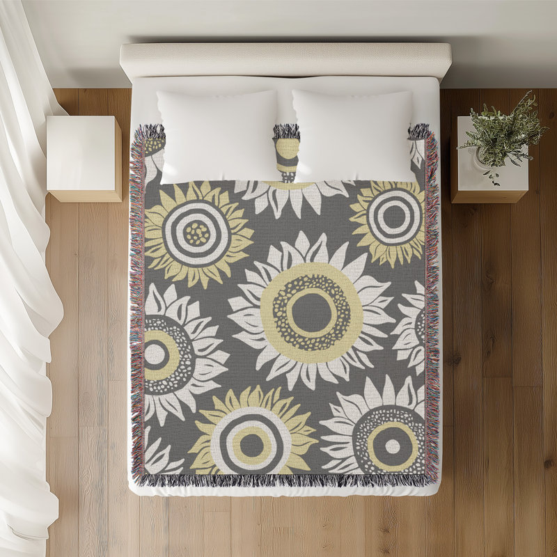 Jeté en coton Frannie Sunflowers, Gris, 60 x 60