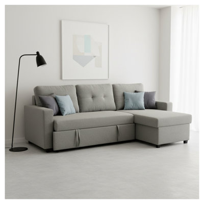 Convertible L-Shaped Sectional Sleeper Sofa Bed, Grey Polyester Upholstery, 3-Seater Reversible Couch for Living Room