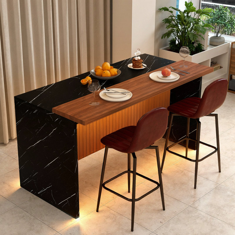 Ensemble d'îlot de cuisine 63 pouces avec 2 tabourets de bar - surface d'aspect marbre avec éclairage DEL, Table, 2 chaises