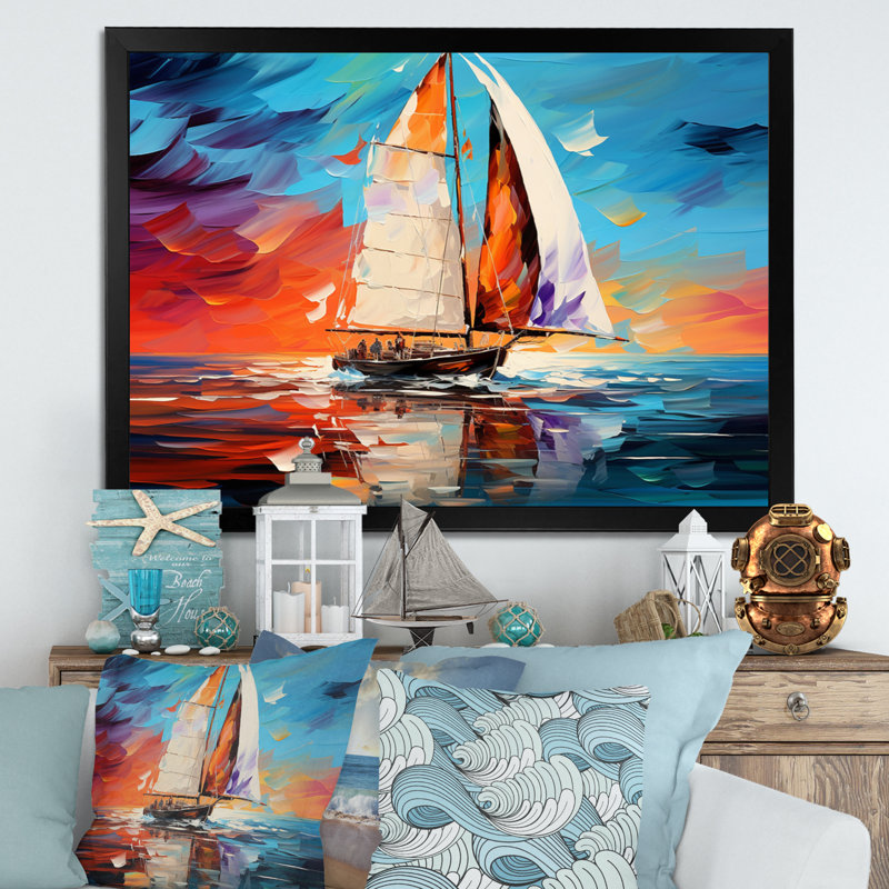 Voilier abstrait maritime I, H 34 po x l 44 po x P 1,5 po, Cadre simple noir