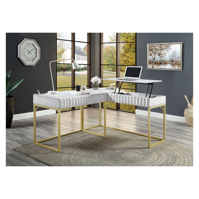 Industrial Two-Tone Computer Desk with USB Port and Power Outlet, Antique White Finish, Solid Wood and Steel Frame