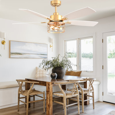 52 Inch Ceiling Fan with Light and Remote, Quiet and Reversible DC Motor Chandelier Gold Ceiling Fan