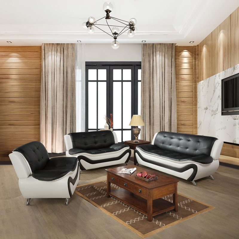 Hozie 3 - Piece Faux Leather Living Room Set, Black/White Faux Leather