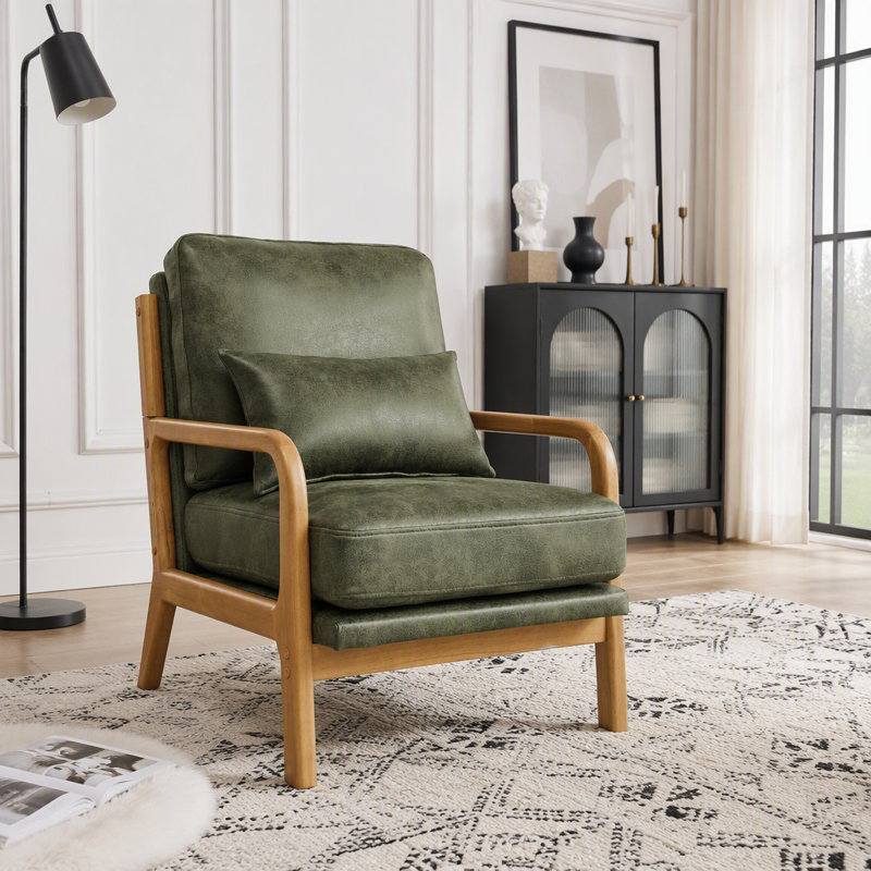 Fauteuil lounge en bois avec tissu métallique, Tissu vert olive