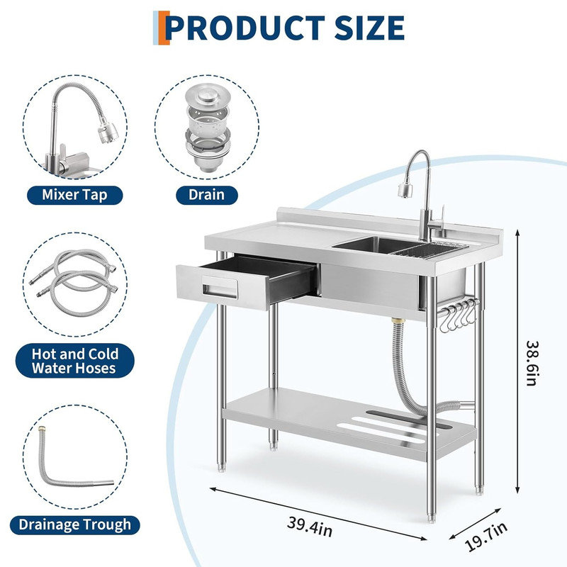 Stainless Steel Utility Sink, Freestanding Single Bowl Sink with Right Drawer and Workbench, Commercial Laundry Sink with Retractable Cold&Hot Water Faucet and Hooks, for Kitchen Garage Indoor&Outdoor
