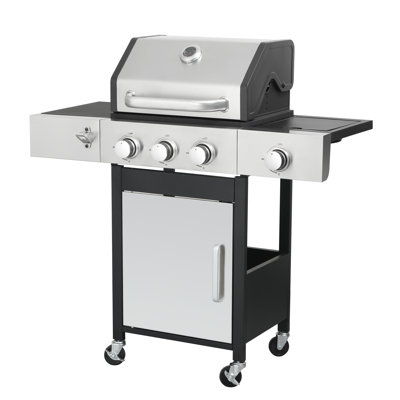 3 Propane Gas Grill With Side Burner, Enameled Iron And Temperature Gauge Bbq Lockable Mobility