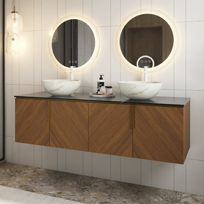 Meuble-lavabo de 60 po en contreplaqué 60 po, armoire de rangement flottante pour salle de bain avec 4 portes, 2 cuves blanches en céramique avec motif en pierre et comptoir en pierre frittée noire, couleur grain de bois chêne brun