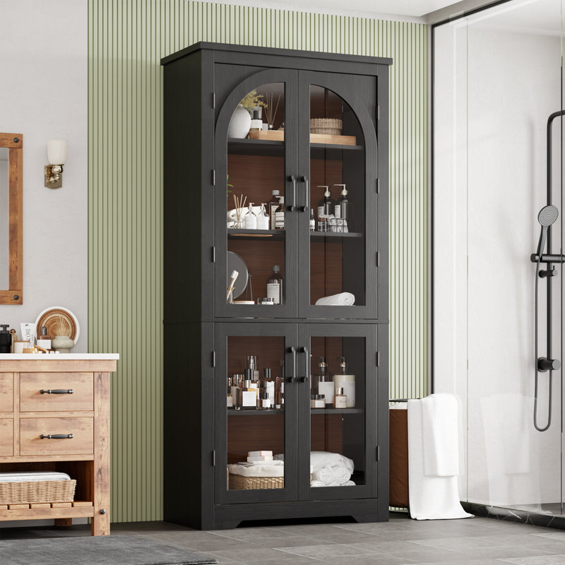 70 po - Armoire de rangement pour garde-manger 70 po - Rangement moderne avec 4 portes arquées en verre et tablettes réglables, organisateurs de placard polyvalents pour la cuisine, la salle à manger, le salon, noir