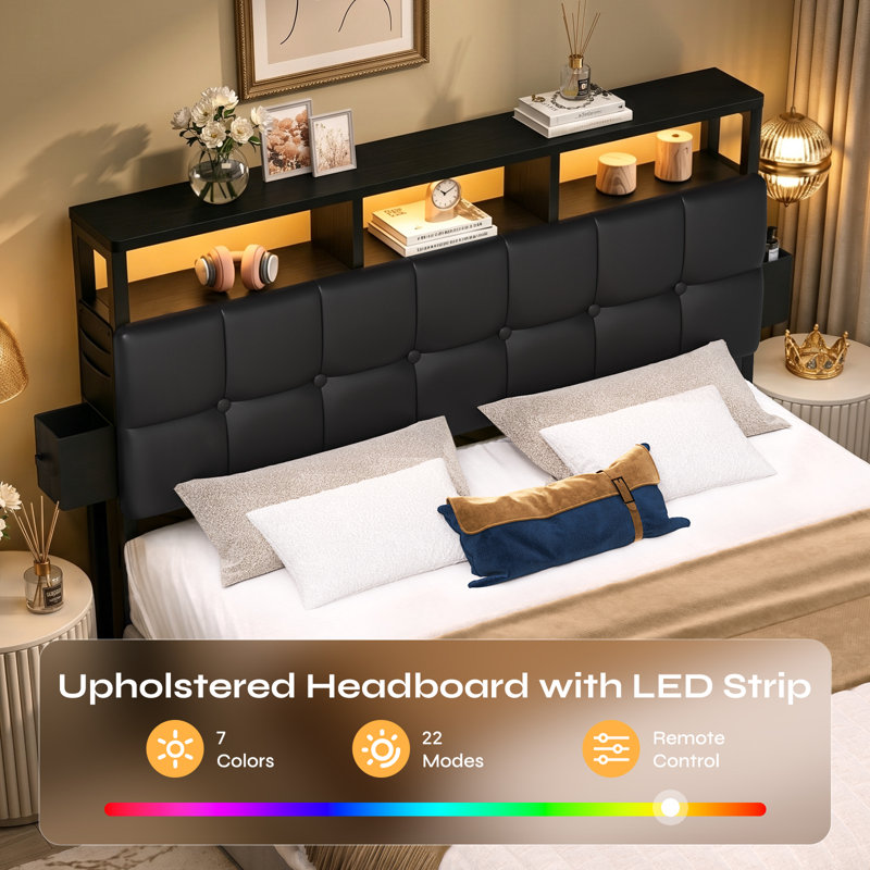 Upholstered Storage Headboard With Built-In Charging Station, LED Light Strip, Hidden Drawer And Shelf – Tufted Button Design