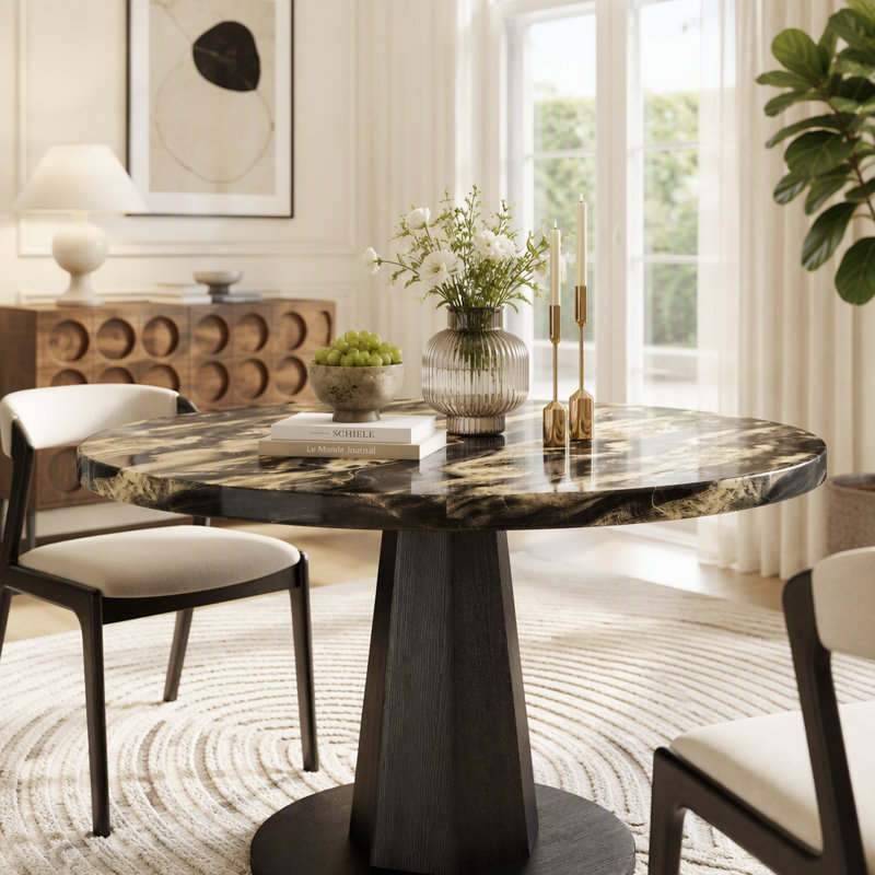 Table de salle à manger ronde en faux marbre avec base à piédestal géométrique