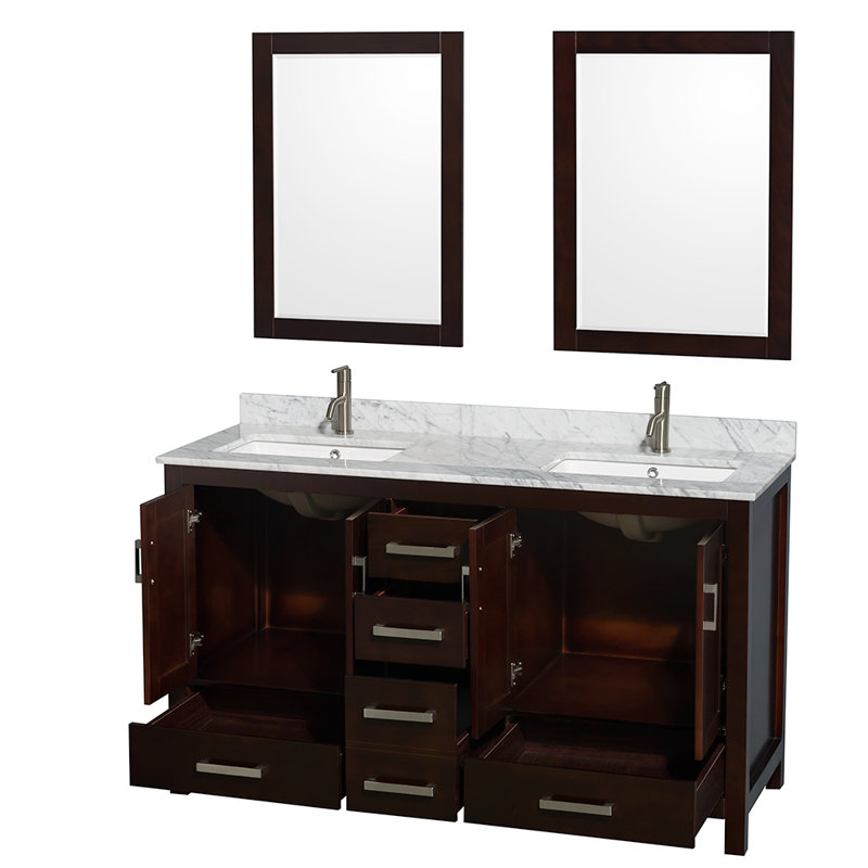 Sheffield 60" Freestanding Double Bathroom Vanity with Marble Top with 24" Mirrors, Espresso