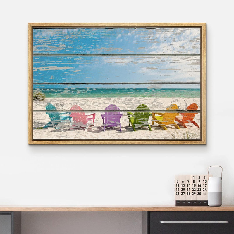 «Coastal Beach Colorful Beach Chairs on White Soft Sand», impression sur toile tendue, H 24 po x l 36 po, Cadre flottant noir