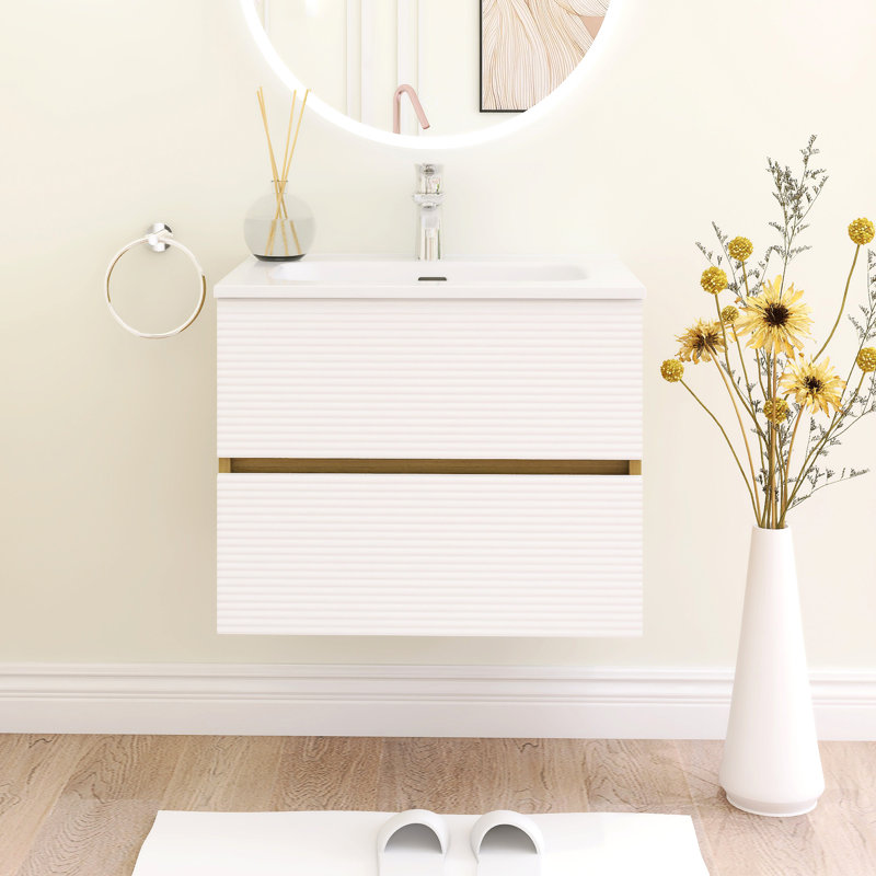 Meuble-lavabo mural à rayures horizontales avec lavabo en céramique intégré blanc, Blanc / chêne naturel, 24"