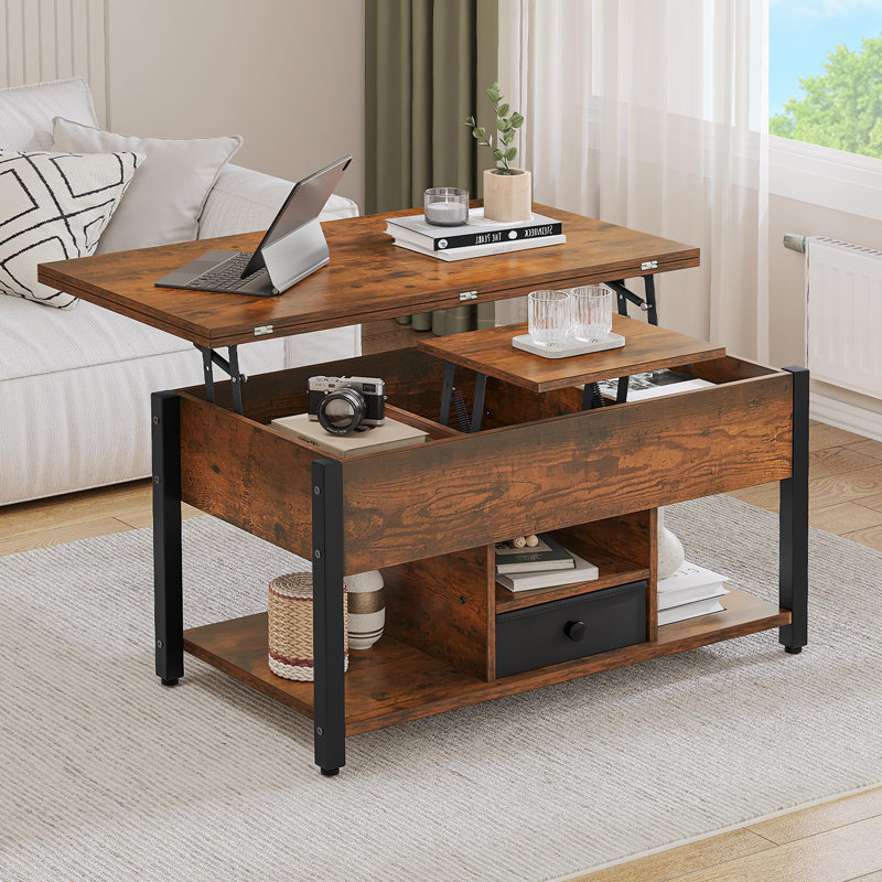 Afeez Lift Top Coffee Table with Storage，Extendable Coffee Table Centre Table for Living Room, Rustic Brown, Black