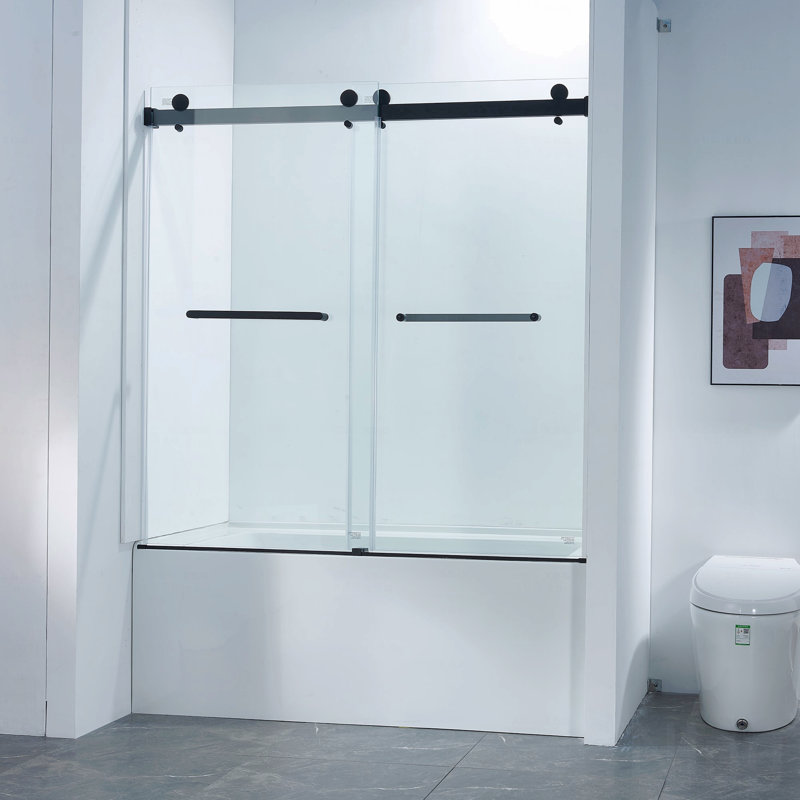 56-60"W X 60"H Frameless Design Double Sliding Opening Tub Shower Door  - 304 Stainless Steel In Matte Black, 5/16" (8Mm) Thick Clear Tempered Glass