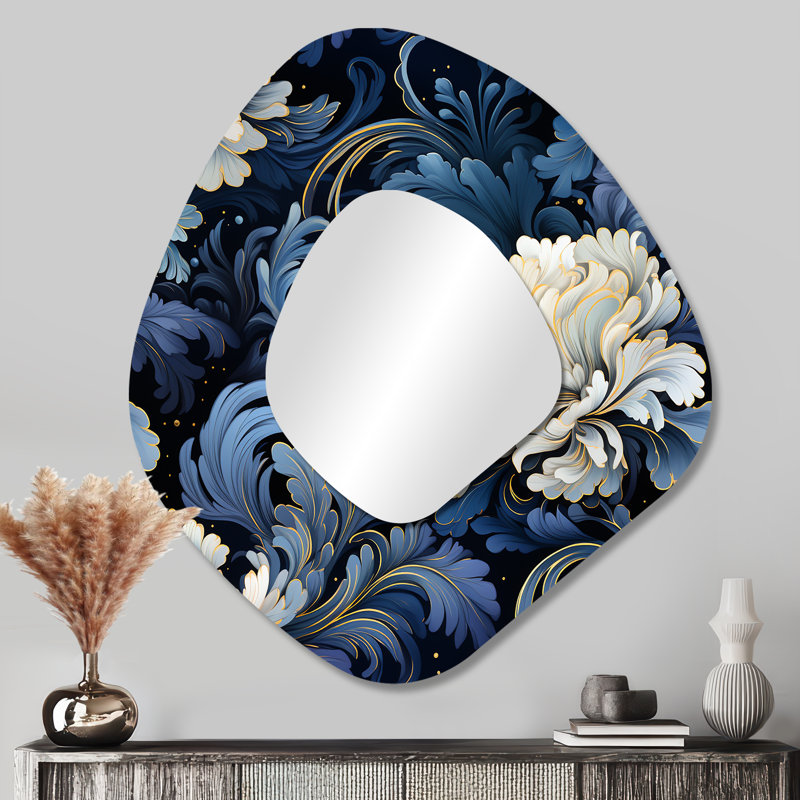 Astral Blue White Damask Radiance - Damask Unique Shape Large Wall Mirror, Blue Asymmetrical Decorative Mirror, Printed Metal Art