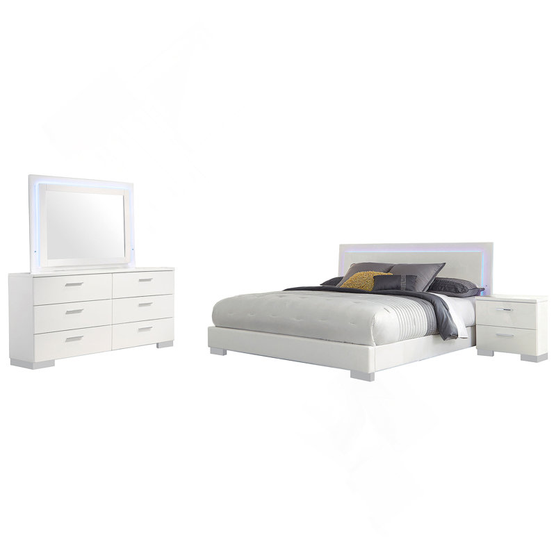 White High Gloss 4-piece Eastern King Bedroom Set, 4 Pieces: Bed, Nightstand, Dresser, Mirror, King