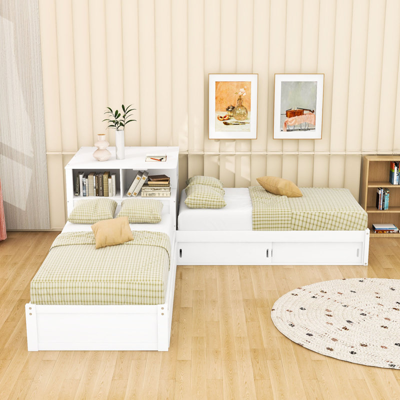 Twin Wooden Platform Bed with LED Light and Trundle and Cabinets, White