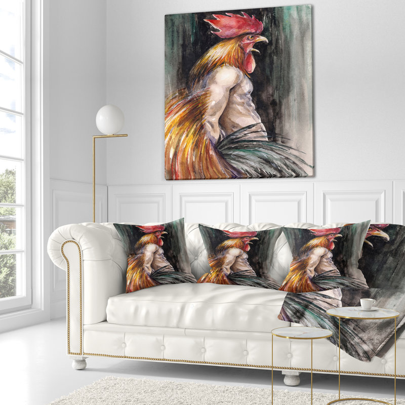 «Man with Wings and Rooster Head» - Coussin imprimé animal, 16 po x 16 po, Coussin décoratif