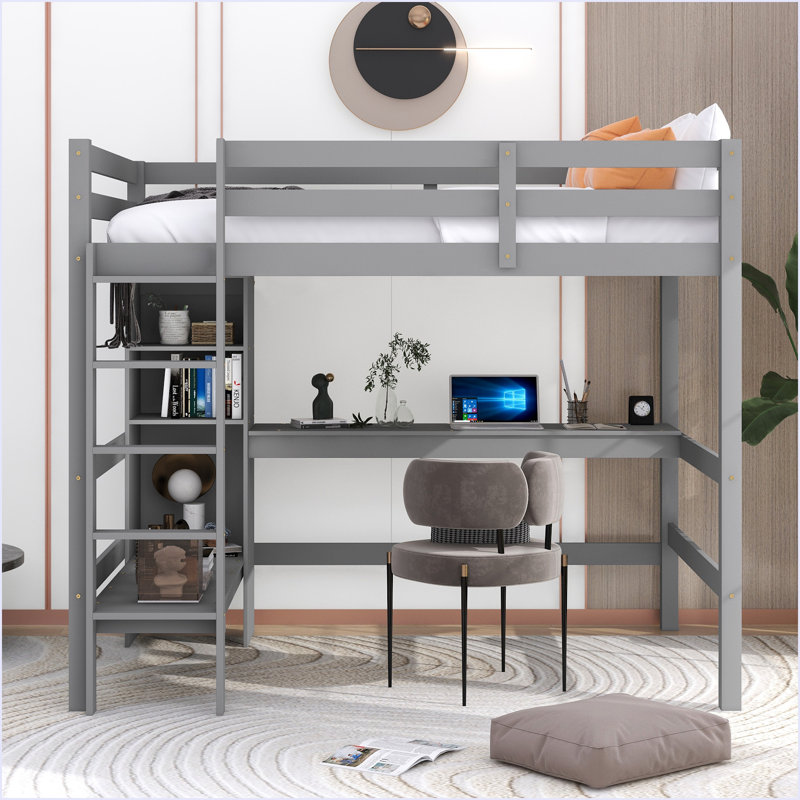 Lit mezzanine double avec tablettes multifonctionnelles et bureau sous le lit