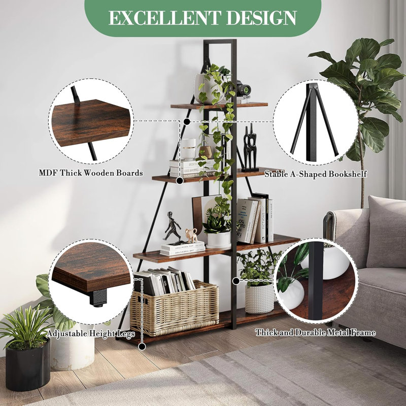 142.98cm H x 101.52cm W Steel Bookcase, Brown/Black