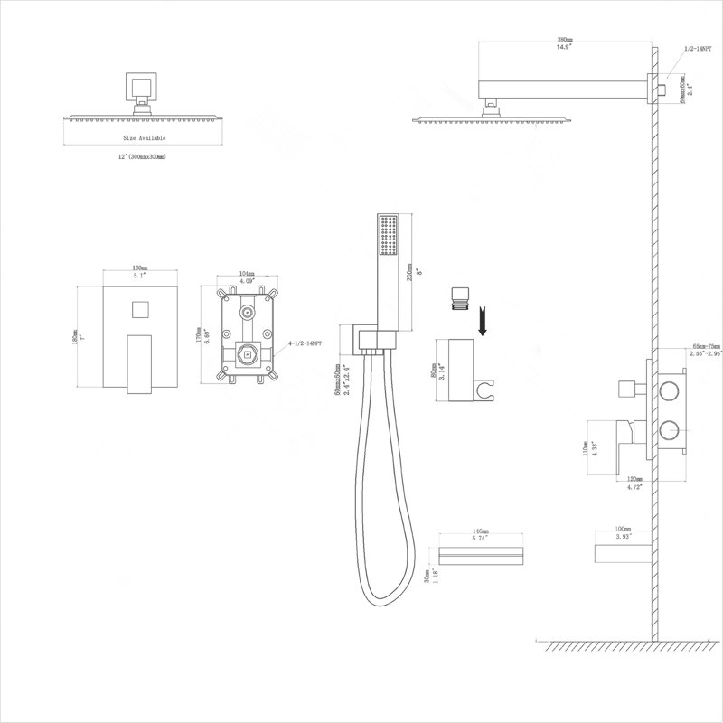 Système de douche mural 12 po avec douchette cascade et valve brute - bronze huilé