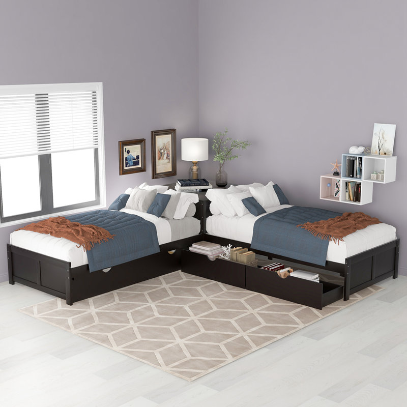 Twin Size L Shape Platform Bed Frame With Trundle, Rawers And Built-In Table, Espresso