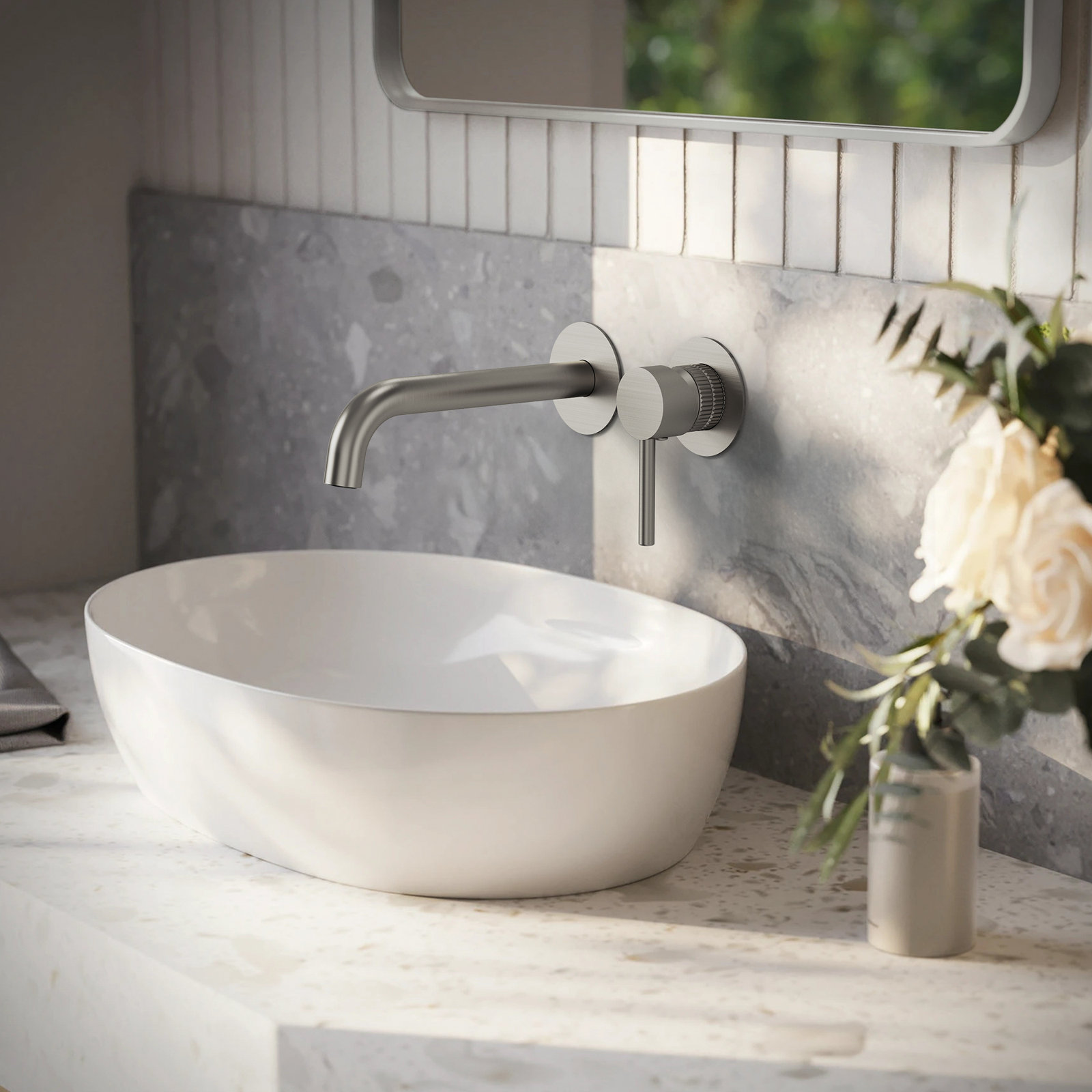 Wall-Mounted Bathroom Faucet with Drain, Brushed Nickel
