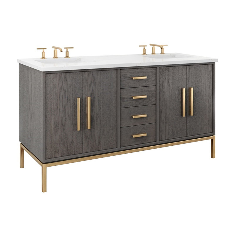 Rift White Oak Double Bath Vanity, 60", Gray Weathered, Satin Gold