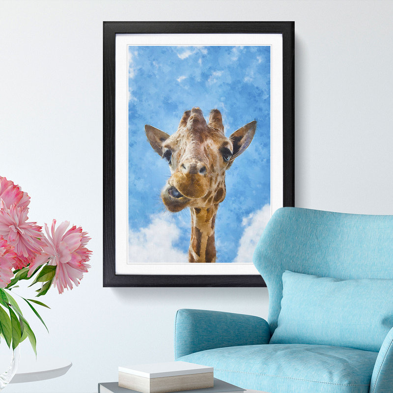 Chewing Giraffe - Picture Frame Painting Print, 87cm H x 62cm W x 2cm D, Black Framed