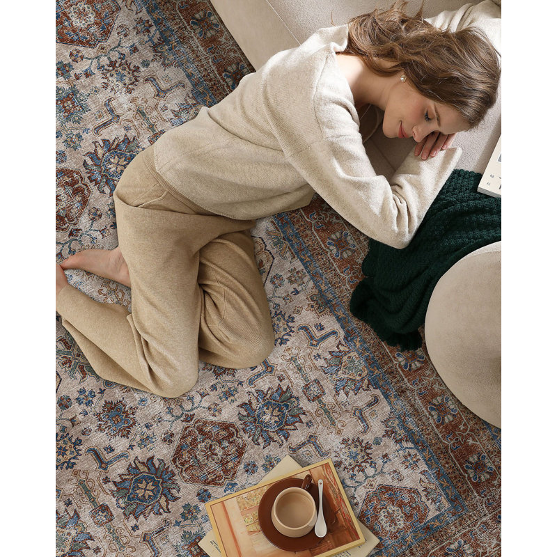 Machine Washable Oriental Red/Blue/Brown/Beige Area Rug, Rectangle 4'11" x 8'