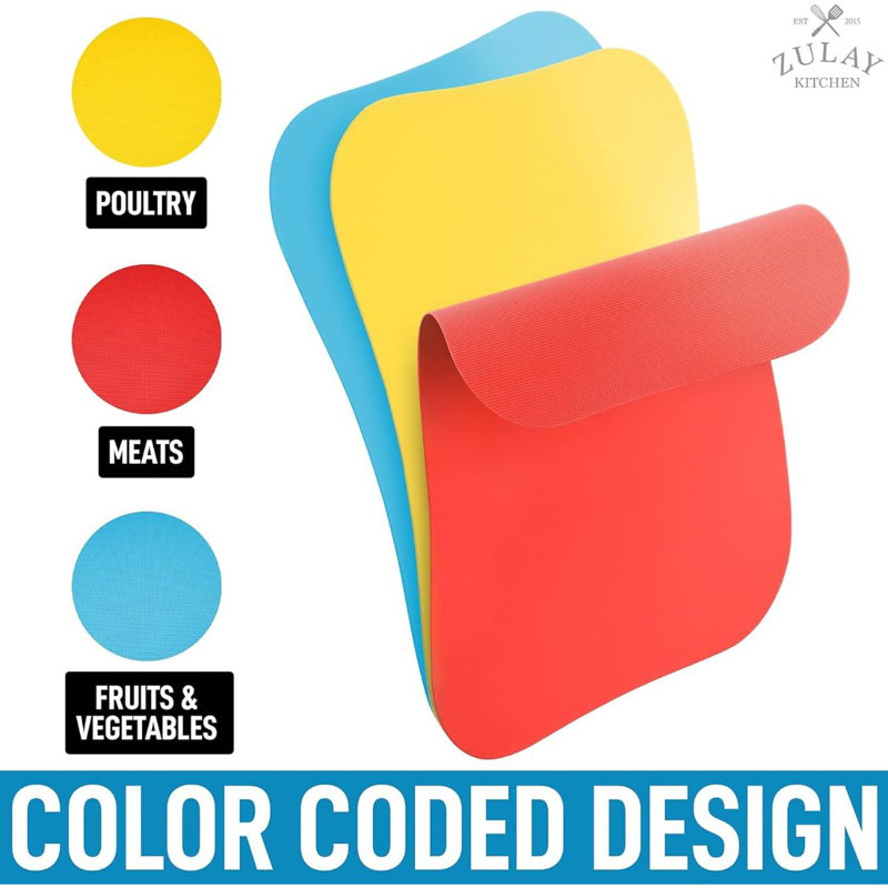 Zulay Kitchen Extra Thick Flexible Plastic Cutting Board Mats, Red/Blue/Yellow