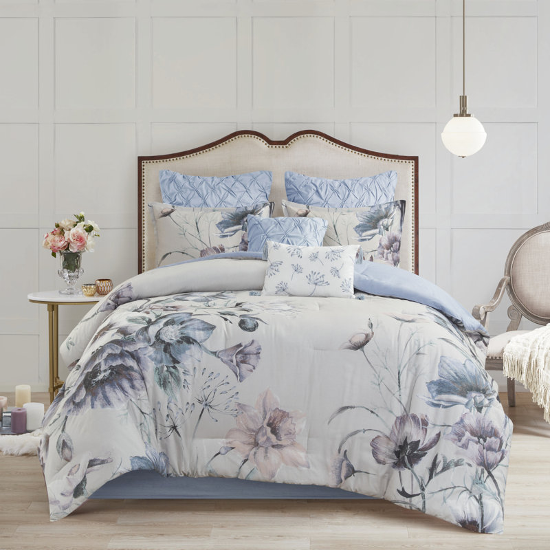 Édredon bleu pour très grand lit - Ensemble de literie à motif floral élégant en coton 8 pièces, Blue