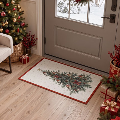 Tapis de salon lavable à poils courts, motif animalier de Noël avec un arbre rempli de rouges-gorges, ivoire et vert